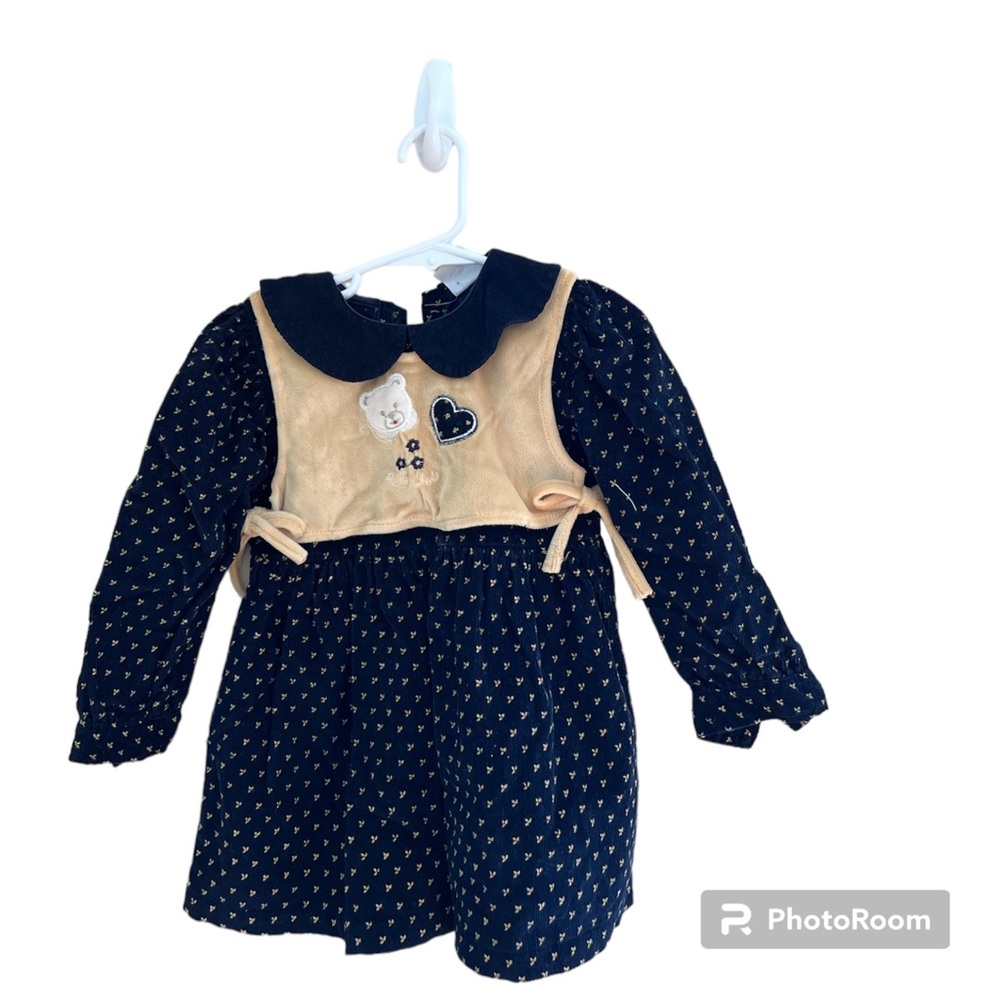 🐻PETITE CLUB: Girl size 4, velour & corduroy long sleeve dress w/bear theme.